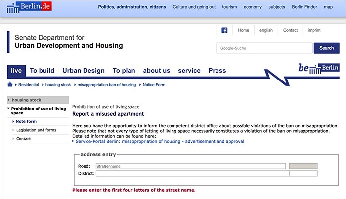  Screen grab of Berlin's housing snitch form