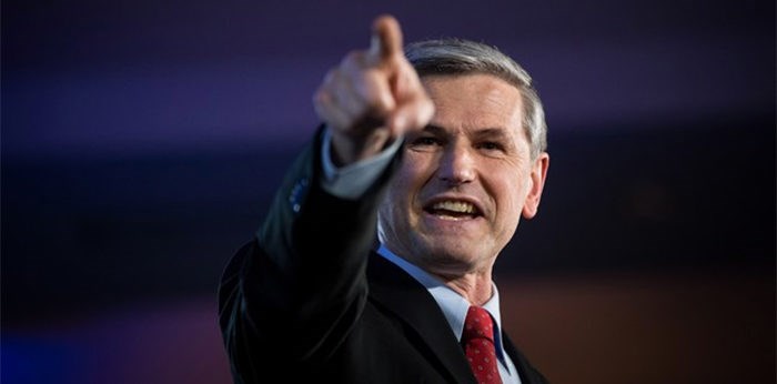  Andrew Wilkinson gestures while addressing supporters and party members after being elected leader of the British Columbia Liberal Party in Vancouver, B.C., on Saturday February 3, 2018. THE CANADIAN PRESS/Darryl Dyck