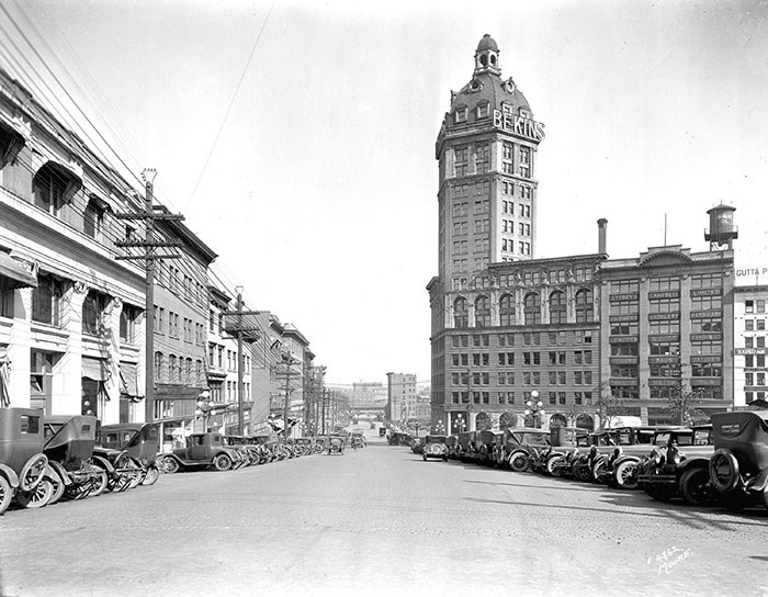  View of Pender Street east of Cambie Street, showing the Sun Tower, 1927. Vancouver Archives Item: Str N164