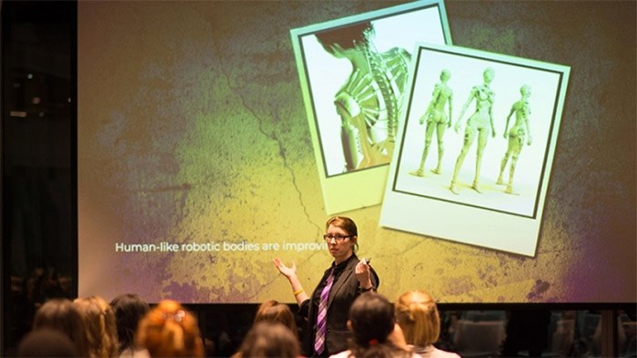  Suzanne Gildert, co-founder and CEO of Vancouver-based Sanctuary AI, discusses building human-like robots during a recent Women Who Code Vancouver event at Microsoft Garage. Image / Microsoft