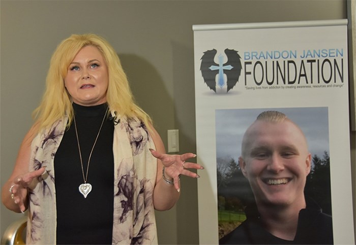  Michelle Jansen describes the recovery centre she is opening in Penticton in memory of her son, Brandon, who died accidentally of a fentanyl overdose in 2016.   Photograph By Diane Strandberg