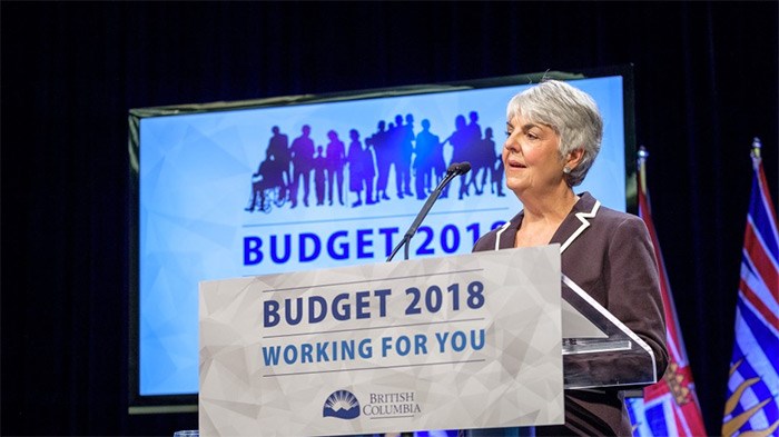  B.C. Finance Minister Carole James' first full budget projects surpluses, but does so with large tax burden shift to business.