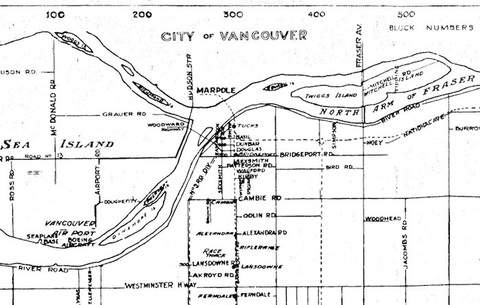  Section of a map of Richmond from the 1940s showing the North Arm of the Fraser River and Marpole in Vancouver (Map via City of Richmond Archives)