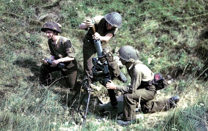  Canadian Soldiers drill with a three-inch mortar, similar to the one found on the Blair Rifle Range this week. photo supplied, National Archives of Canada