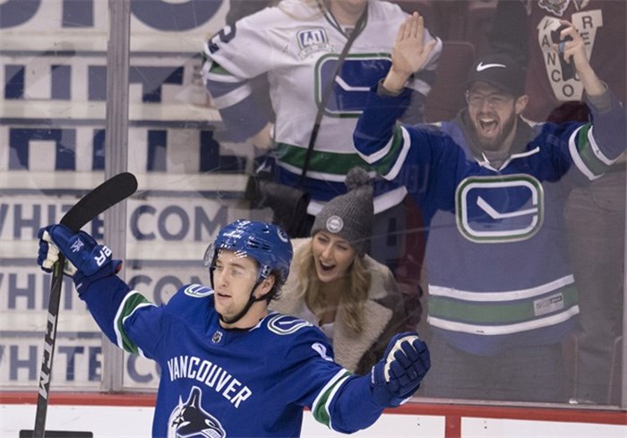  Vancouver Canucks left wing Brendan Leipsic (9) celebrates his game winning overtime goal against the New York Islanders in Vancouver, Monday, March 5, 2018. THE CANADIAN PRESS/Jonathan Hayward