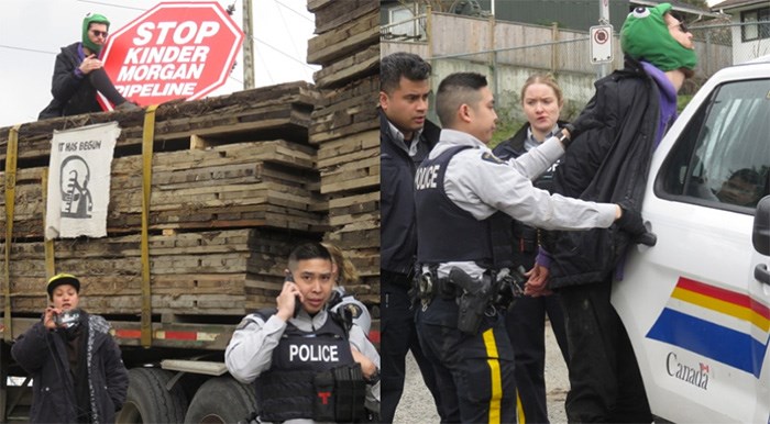  A pipeline protester who jumped atop a loaded semi-trailer headed into the Kinder Morgan tank farm Monday was arrested and faces mischief charges.