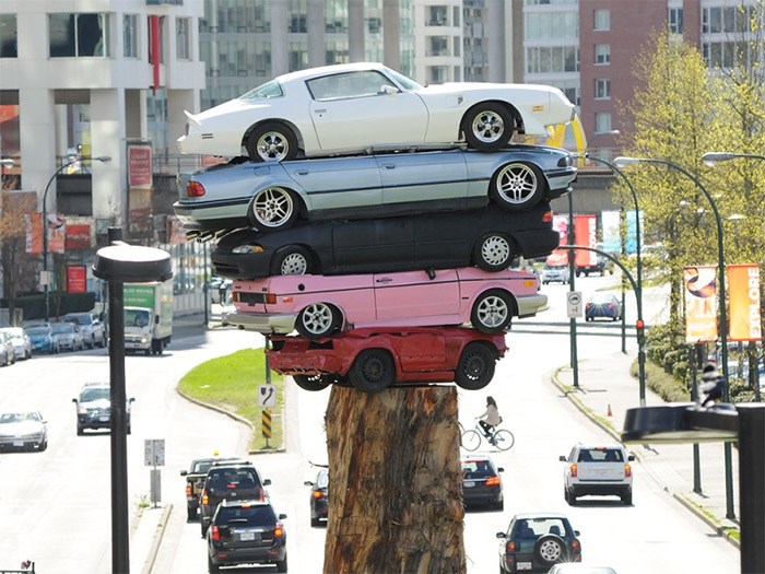 Erected in the spring of 2015, Marcus Bowcott’s Trans Am Totem art piece at the intersection of Quebec Street and Milross Avenue was dismantled and removed in the summer of 2021.
File photo: Vancouver Courier