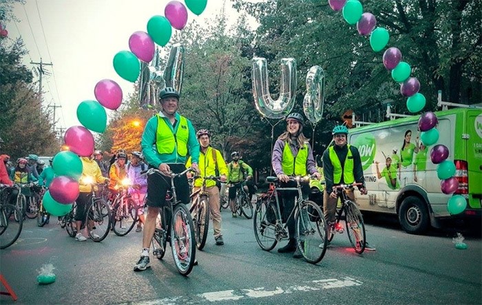  Cyclists at the start of the 2016 “Bike the Night” ride in Vancouver hosted by HUB Cycling. Photo courtesy HUB Cycling