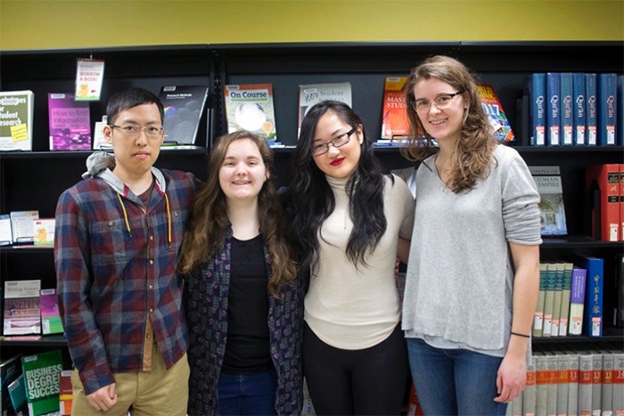  From left, undergrads Richard Kim, Gabrielle McLaren, Helen Luo and Melanie Hiepler were some of the winners in this year's inaugural SFU Student Learning Commons' undergraduate writing contest.   Photograph By SFU