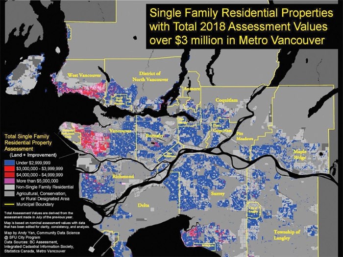  This map shows the distribution of multi-million-dollar properties across Metro Vancouver. image supplied, Andy Yan, SFU City Program