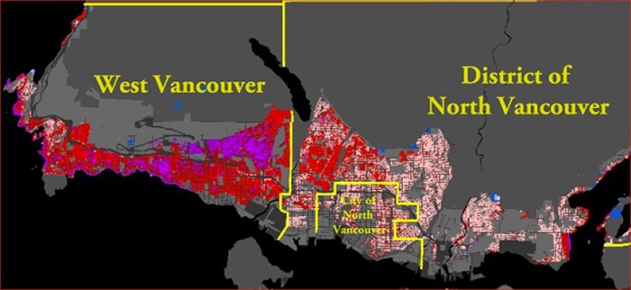  Detail of map showing multi-million dollar properties across the North Shore. Homes in red are worth over $3 million. Dark red properties are worth over $4 million. Areas in purple have homes worth over $5 million. image supplied, Andy Yan, SFU City Program