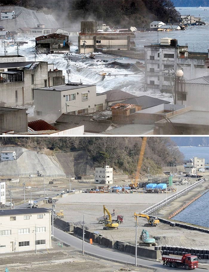  These photos, taken March 11, 2011, top, and Feb. 27, 2013, show the harbour area of Kamaishi, in JapanÕs Iwate prefecture.