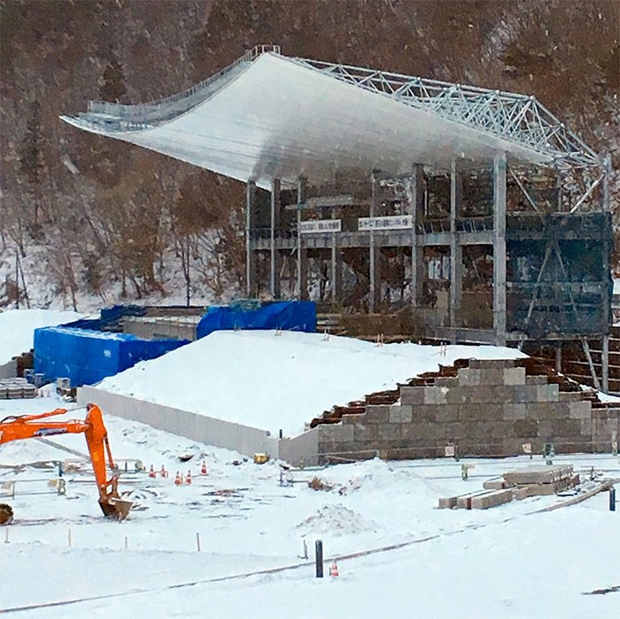  Construction continues on the main grandstand of Recovery Memorial Stadium on a snowy day in February. - Cleve Dheensaw
