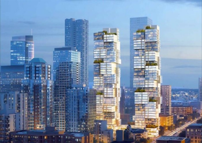  This pair of towers is proposed for Barclay and Thurlow, close to the upcoming Butterfly tower, which is visible in the rendering to the left of the new towers, behind the Patina building. Image via City of Vancouver planning