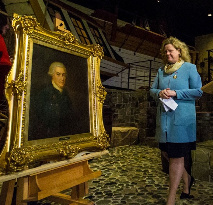 This portrait of Capt. George Vancouver is revealed in a ceremony with Janice Charette, Canadian high commissioner to the U.K., beside the replica of his ship HMS Discovery at the Royal B.C. Museum on Tuesday.