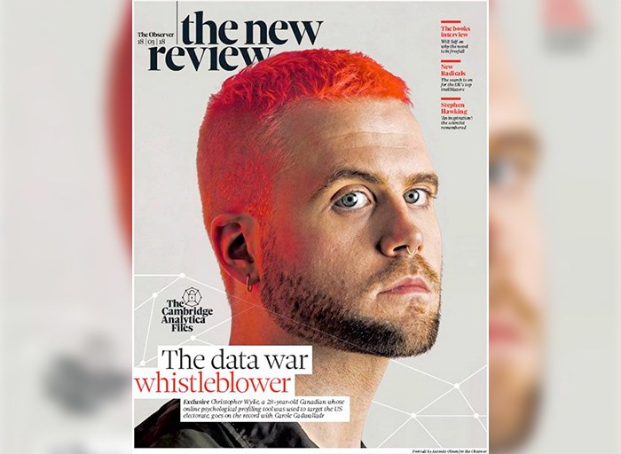  Cover of British publication The Observer shows whistleblower Chris Wylie, who was raised in Victoria.   Photograph By The Observer