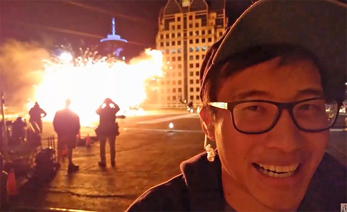  Milton Ng on set of The Arrow, adjacent the BC Hydro building downtown, with Harbour Centre also in the background.