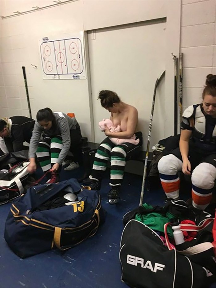  Serah Small breastfeeds her baby half clothed in her hockey gear in a photo posted on Milky Way Lactation Services' Facebook page. THE CANADIAN PRESS/HO-Facebook-Milky Way Lactation Services 