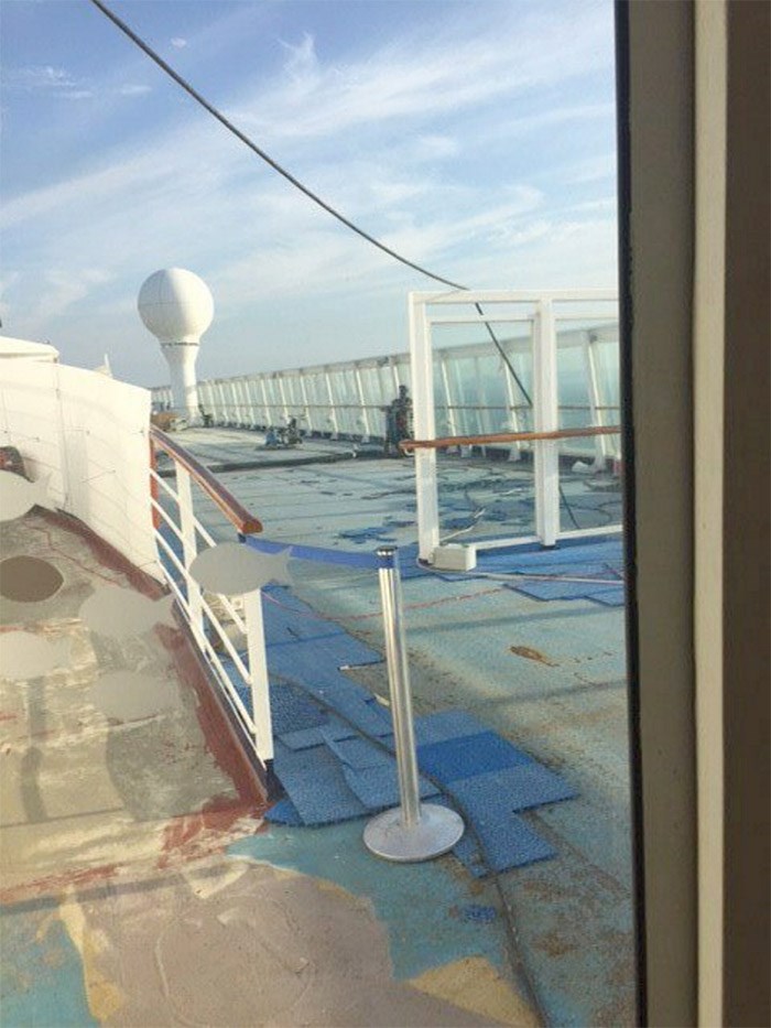  Construction areas on a Norwegian Cruise Lines vessel is seen in this undated handout photo. A Greater Victoria woman says she didn't expect to be hearing jackhammers or smelling strong fumes when she booked a spring-break family cruise through the Panama Canal.