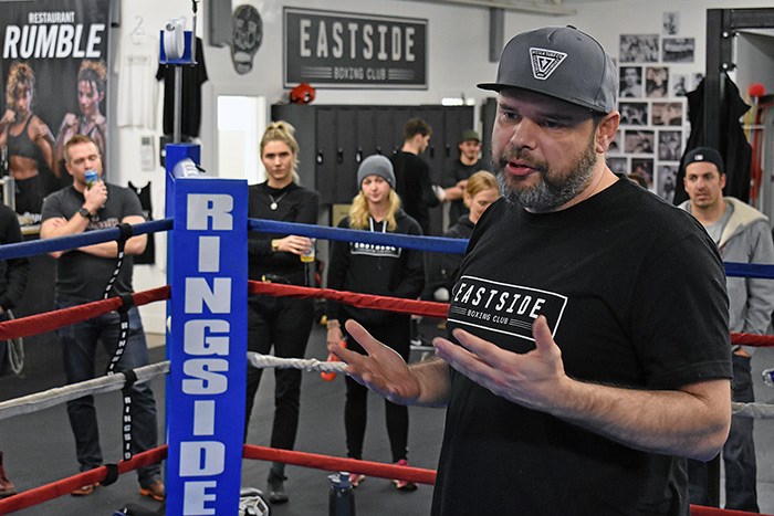  Dave Schuck. Eastside Boxing Club coach Dave Schuck addresses the new recruits for this year’s Beer Wars charity boxing event earlier this year. The main event takes place this Sunday at the Croatian Cultural Centre. Photo: Rob Mangelsdorf.