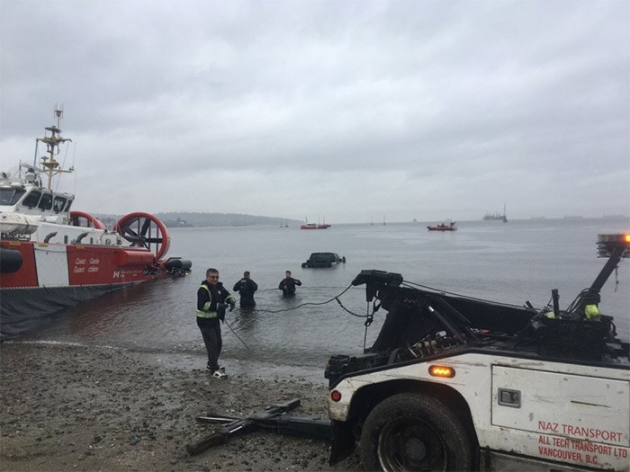  Vancouver Police are trying to determine how an unoccupied, stolen truck ended up in the waters off of Kits Beach. Photo: Cst. Goddard.