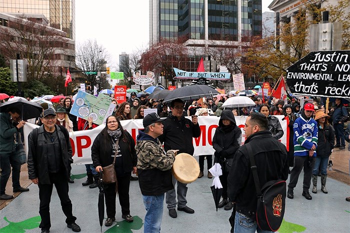  Protesters opposed to the twinning of the Kinder Morgan pipeline marched from the Vancouver Art Gallery to the Sheraton Wall Centre where Prime Minister Justin Trudeau was holding a Liberal fundraiser. Photo Saša Laki?