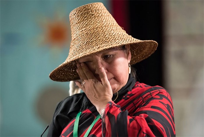  Bernie Williams, who has been an advocate for women in Vancouver's Downtown Eastside for 30 years, wipes away tears after testifying at the final day of hearings at the National Inquiry into Missing and Murdered Indigenous Women and Girls, in Richmond, B.C., on Sunday April 8, 2018. Williams said her abuse began at age three and continued through foster homes and a marriage, involving broken bones and brutal rapes. One foster family forced the kids to eat from bowls on their hands and knees, like dogs, she said. THE CANADIAN PRESS/Darryl Dyck