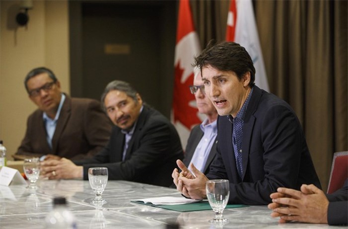  Prime Minister Justin Trudeau meets with Indigenous leaders during a visit to Fort McMurray Alta, on Friday April 6, 2018.THE CANADIAN PRESS/Jason Franson