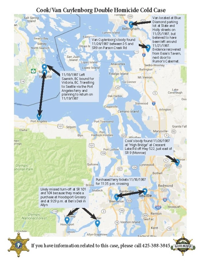  Map released by Snohomish County Sheriff’s Office shows events leading up to the murders of Tanya Van Cuylenborg and Jay Cook.