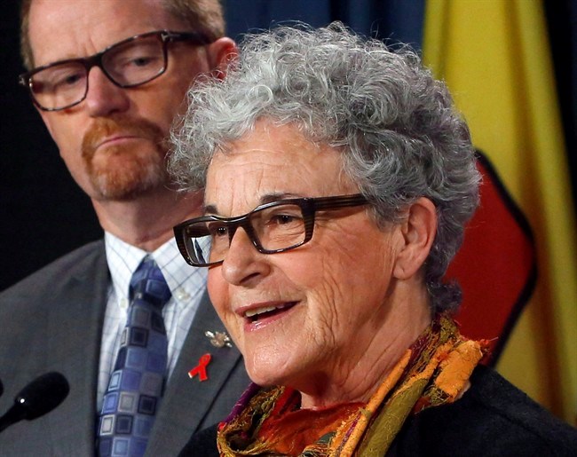  Leslie McBain whose son died following an opioid addiction talks to reporters at a news conference regarding the impact of opioid overdose on Parliament Hill, in Ottawa on Thursday, November 17, 2016. THE CANADIAN PRESS/Fred Chartrand