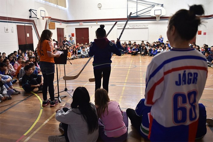  Two hockey sticks signed by Vancouver Canuck players Chris Tanev and Bo Horvat are being raffled off by Grenfell elementary students to raise money for the Humboldt Broncos hockey team.   Photograph By Dan Toulgoet