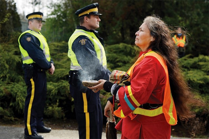  Cynthia Myran protests against the Kinder Morgan pipeline expansion project April 14. photo Jennifer Gauthier, Burnaby Now