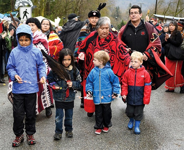  Tsleil-Waututh elder Amy George takes part in a protest against the Kinder Morgan pipeline expansion April 7. - photo Jennifer Gauthier, Burnaby Now
