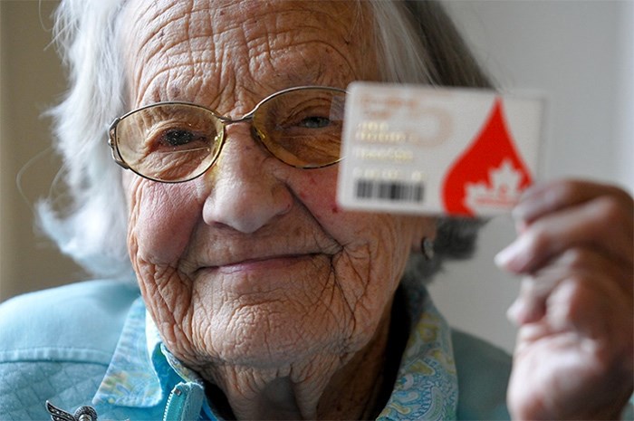  Beatrice Janyk is being honoured by Canadian Blood Services as possibly the world's oldest blood donor when she makes her regular donation today. The Christmas Lodge resident is 95 years-old.