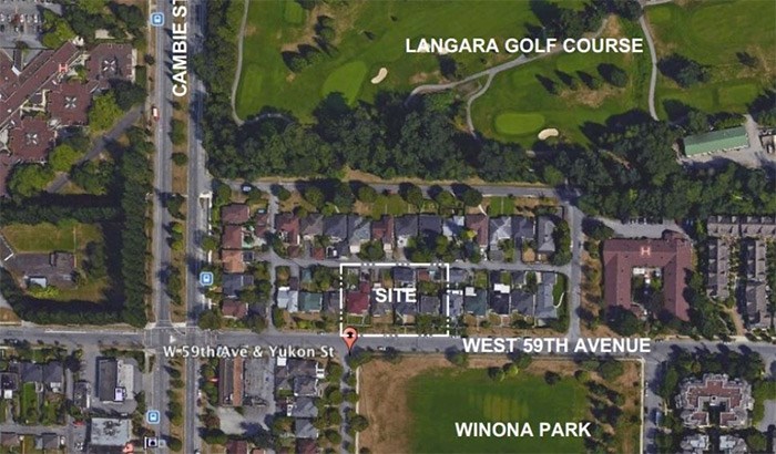  This 24,000-square-foot site is comprised of four single-family lots and is slated for 63 new condo units. Image via City of Vancouver planning