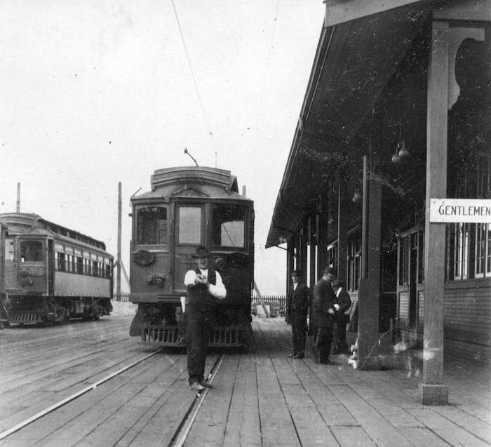  A streetcar at the B.C. Electric Railway station on the west side near the north end of the Granville Street Bridge circa 1920 (Vancouver Archives)