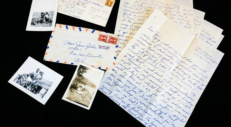  From upper left corner: photo of Yosh Nakamura (July 1942); postcard from Setsuko Fuji to Joan Gillis (May 17, 1943); letter from Yosh Nakamura to Joan Gillis (July 25 1942); photo of young woman, Setsuko Fuji; and photo of Yosh Nakamura, Jackie Takahashi and friend on a tractor. Photo UBC