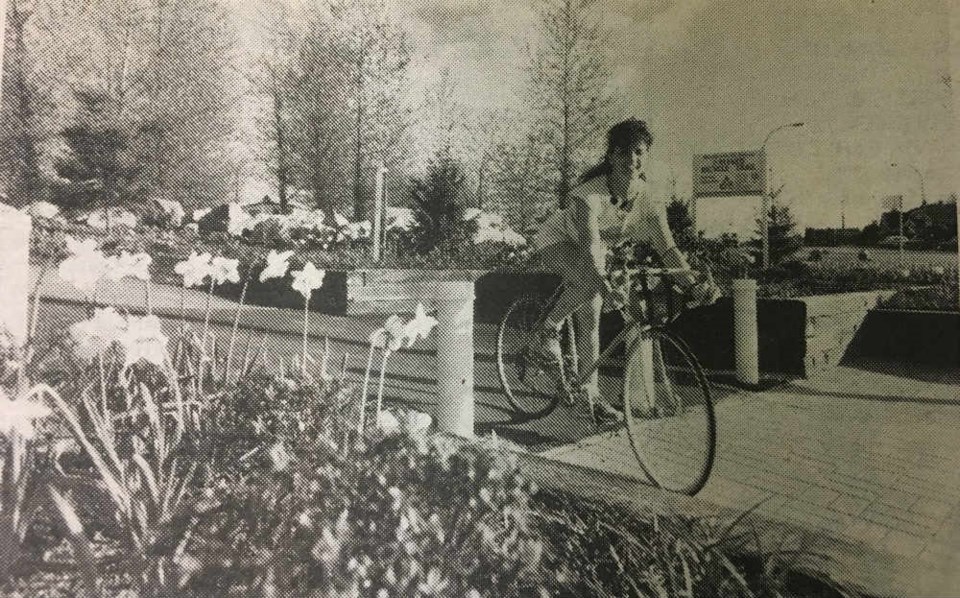  The spring flowers are out along portions of the B.C. Parkway and so are the cyclists. The 7-Eleven Bicycle Trail, which connects New Westminster and the main street entrance to Expo 86, covers more than 19 kilometres along the SkyTrain route. In addition, there are approximately 5 additional kilometres of connecting and alternate routes. Work on Bicycle Trail has continued all winter and is now nearing completion. Official opening is expected to take place in June at which time 7-Eleven Food Stores are planning a special event to mark the occasion.