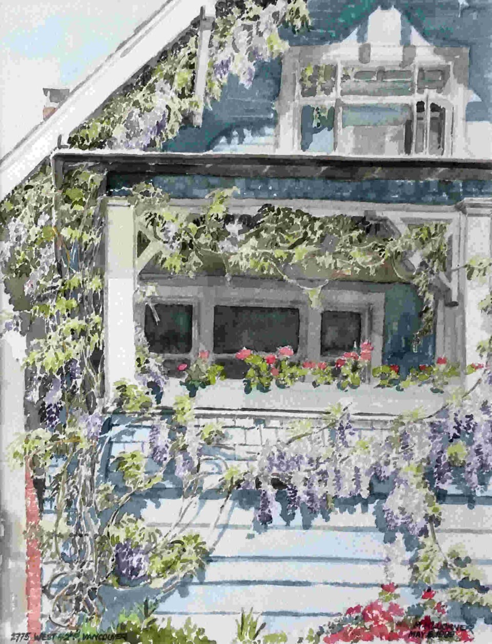 Christine Allen's Kerrisdale house in May, 1989, with wisteria climbing all over it. Painting by Michael Kluckner.