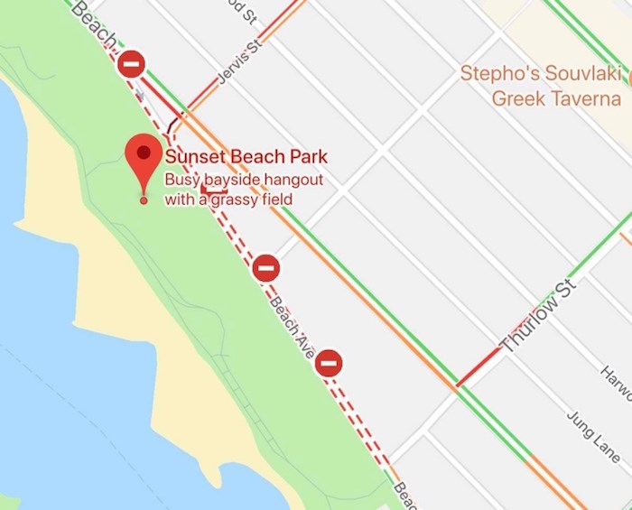  Beach Avenue is closed eastbound from Pacific Street to Thurlow Street and only local traffic will be allowed to travel westbound on Beach Avenue until 10 p.m.