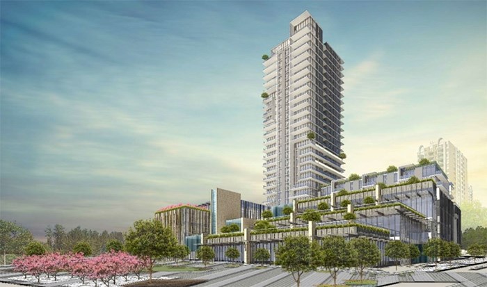  This 27-storey tower plus podium buildings with tiered terraces is proposed as part of the Pearson Dogwood redevelopment on Cambie Street. Image: Onni/IBI Group via City of Vancouver planning