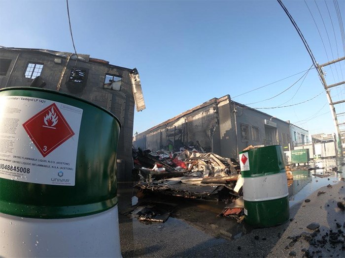  Barrels of acetone outside the building this morning. Photo VF&R