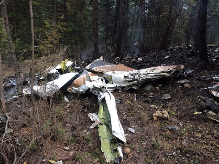  A wing is pictured amongst the wreckage of a Cessna Citation which crashed on October 13, 2016, is seen in the woods near Lake Country, B.C., in this October 15, 2016, Transportation Safety Board handout image. The aircraft crashed shortly after takeoff, killing the pilot and all three passengers aboard, including the former Alberta Premier Jim Prentice. THE CANADIAN PRESS/HO-TSB
