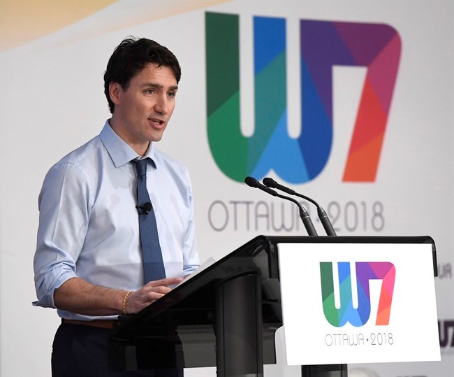  Prime Minister Justin Trudeau delivers remarks at the W7: Feminist Visions for the G7 meeting in Ottawa on Wednesday, April 25, 2018. THE CANADIAN PRESS/Justin Tang