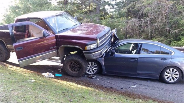  Two people from Nanaimo, B.C., are accused of using a Dodge pick-up truck as a weapon in a crash that destroyed two police vehicles and injured two officers. THE CANADIAN PRESS/HO-RCMP 