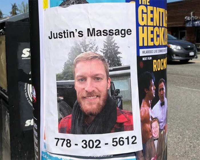  Justin's Massage poster on the corner of Cambie and 19th Avenue (V.I.A.)