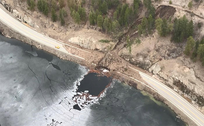  A mudslide which took out a portion of Highway 3A near Keremeos earlier this month.  Photo TranBC