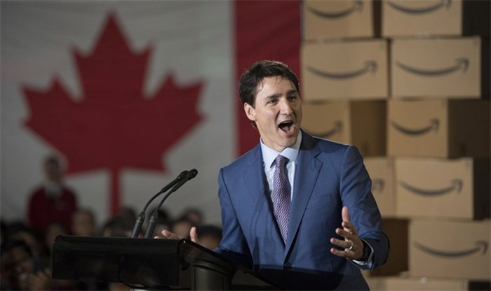  Prime Minister Justin Trudeau makes an announcement at the future offices of Amazon in downtown Vancouver, B.C., Monday, April 30, 2018. THE CANADIAN PRESS/Jonathan Hayward