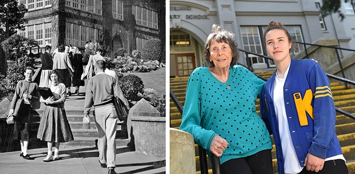  Left: Kitsilano secondary school circa 1956. Right: Kitsilano secondary school Class of 1946 grad Ruth Enns stands alongside Grade 12 student Ashlynne Koly