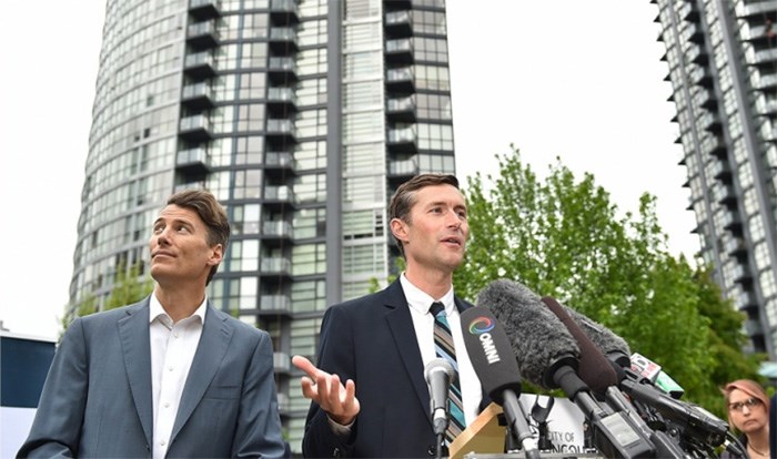  Luke Harrison, CEO of Vancouver Affordable Housing Agency, speaks at a press conference Friday morning announcing an agreement between the city and the Community Land Trust to build more than 1,000 affordable rental units throughout the city. Photo Dan Toulgoet